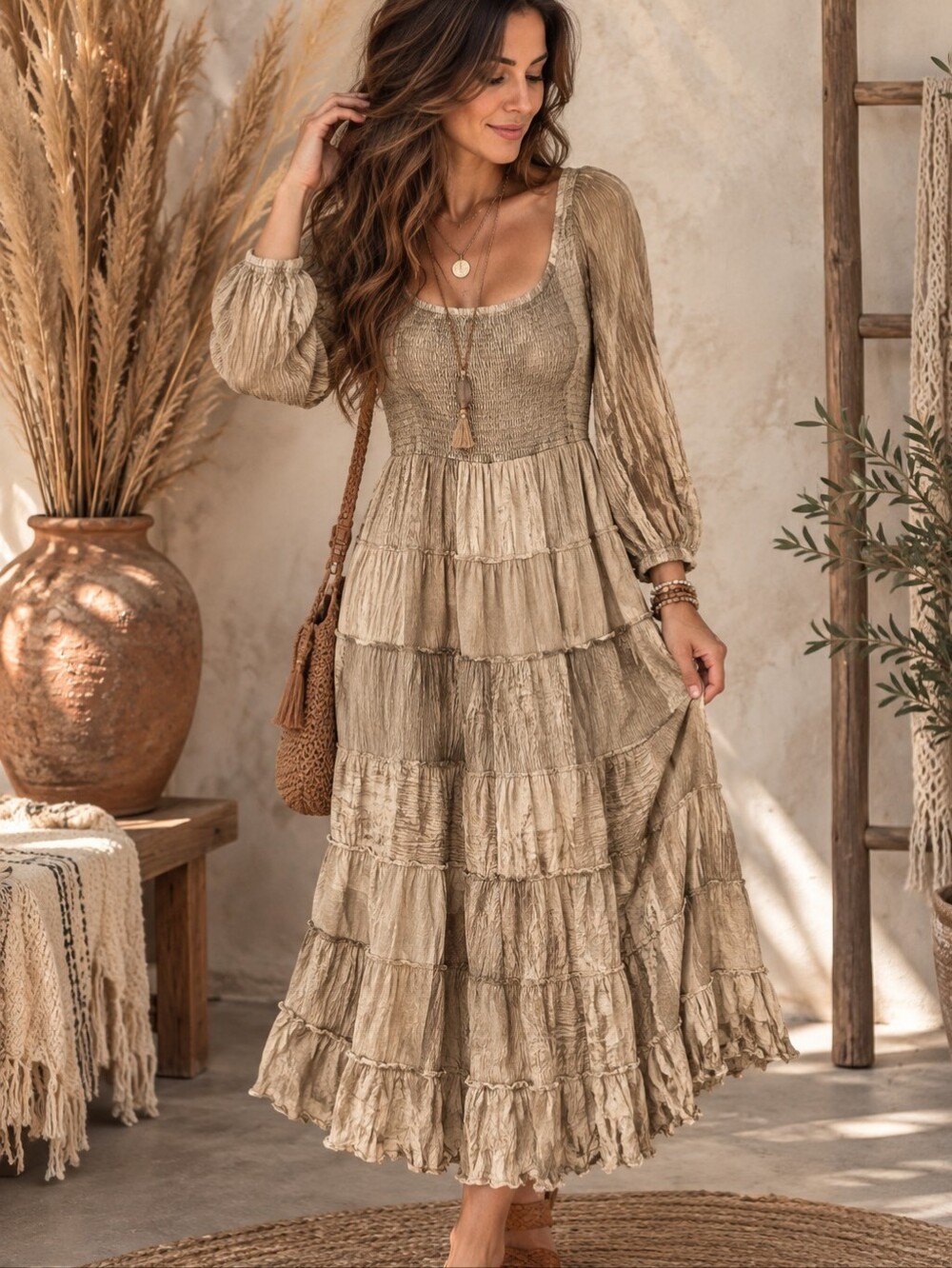 551.Young Threads Bohemian Patchwork Tiered Long Maxi Dress in Taupe